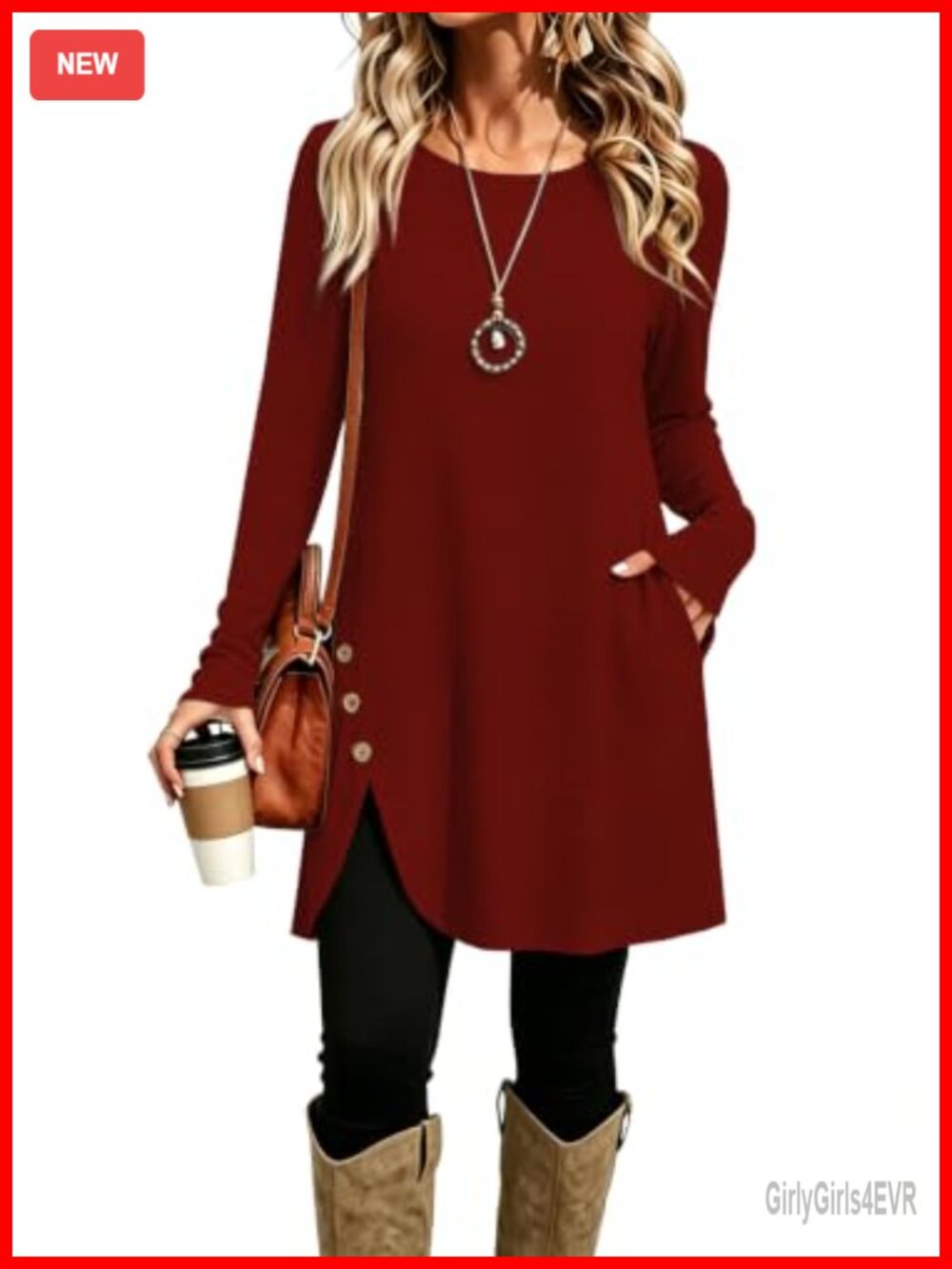 Womens Tunic Top Long Sleeve Round Neck Button Split Flare Loose Fit Rayon